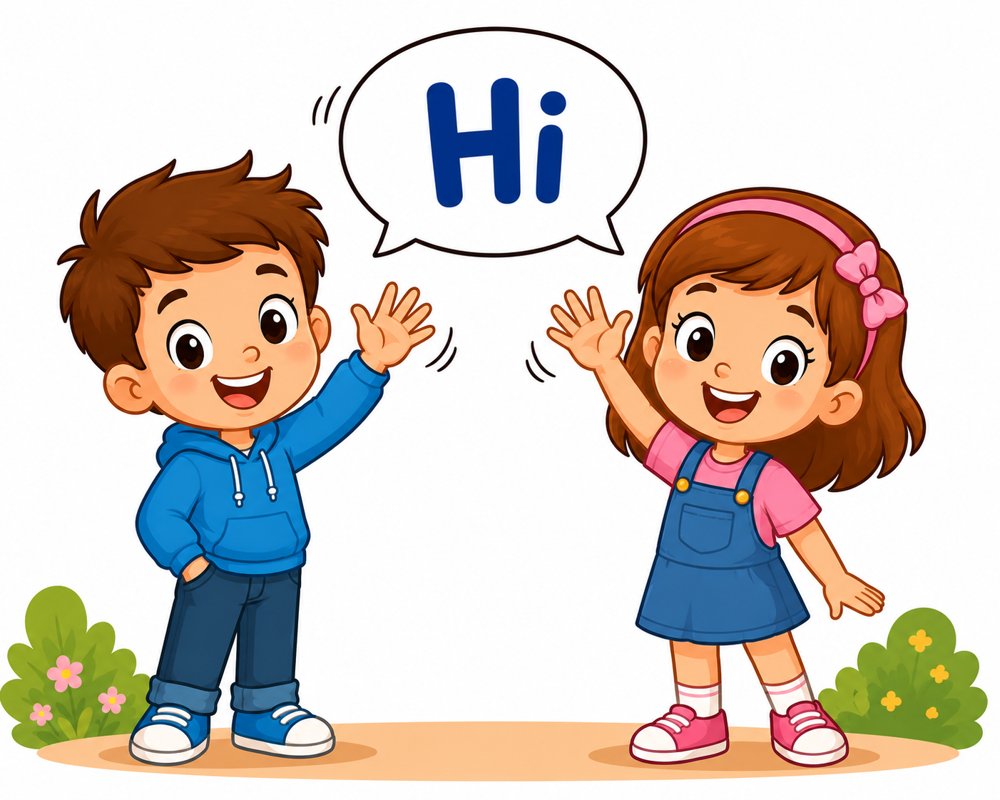 Happy children waving hi and greeting friends with big smiles