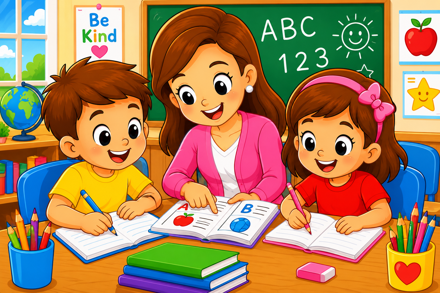 Children sitting in a bright colorful classroom ready to learn English