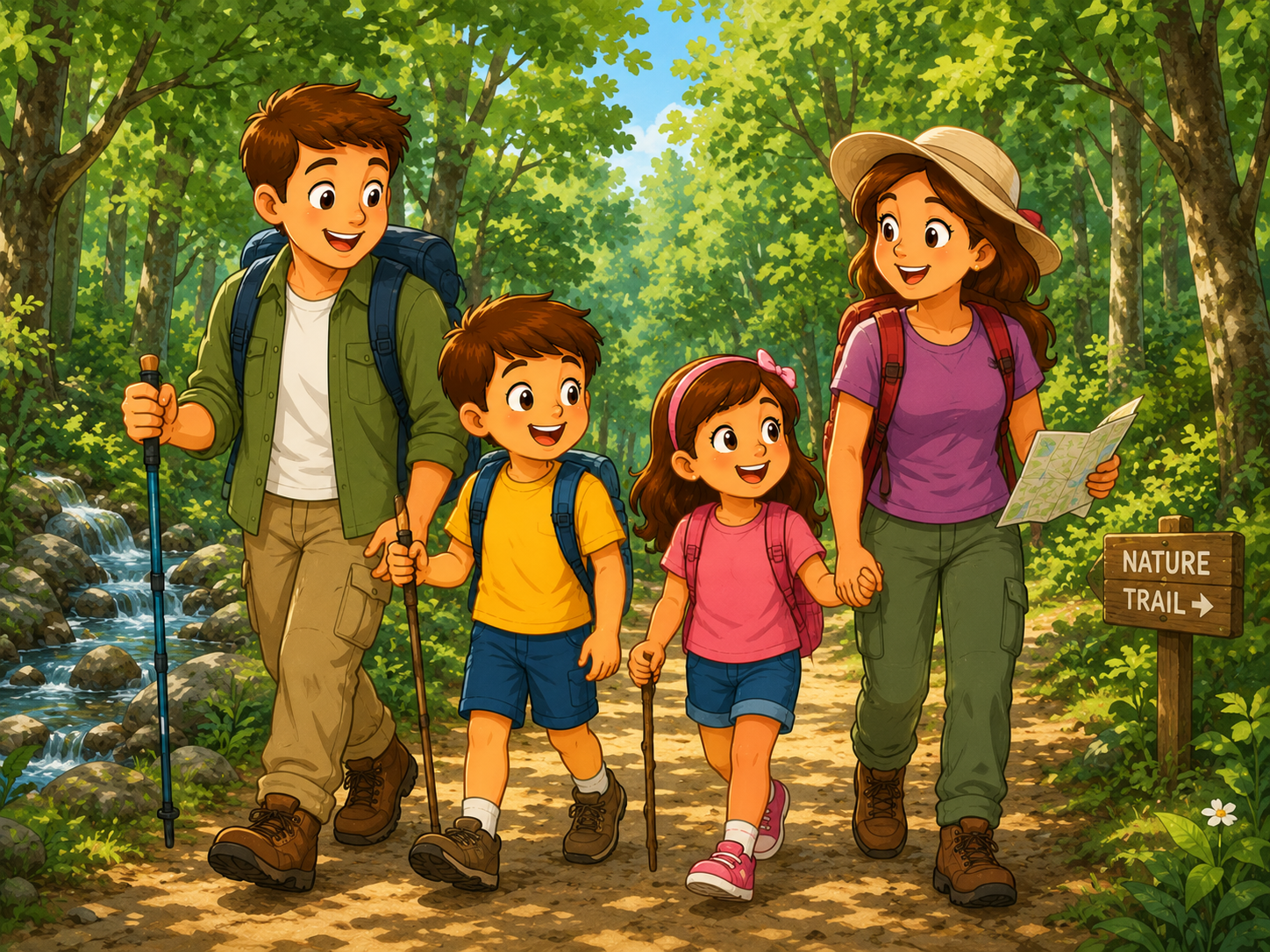 Children exploring a lush green forest, discovering trees, plants and wildlife