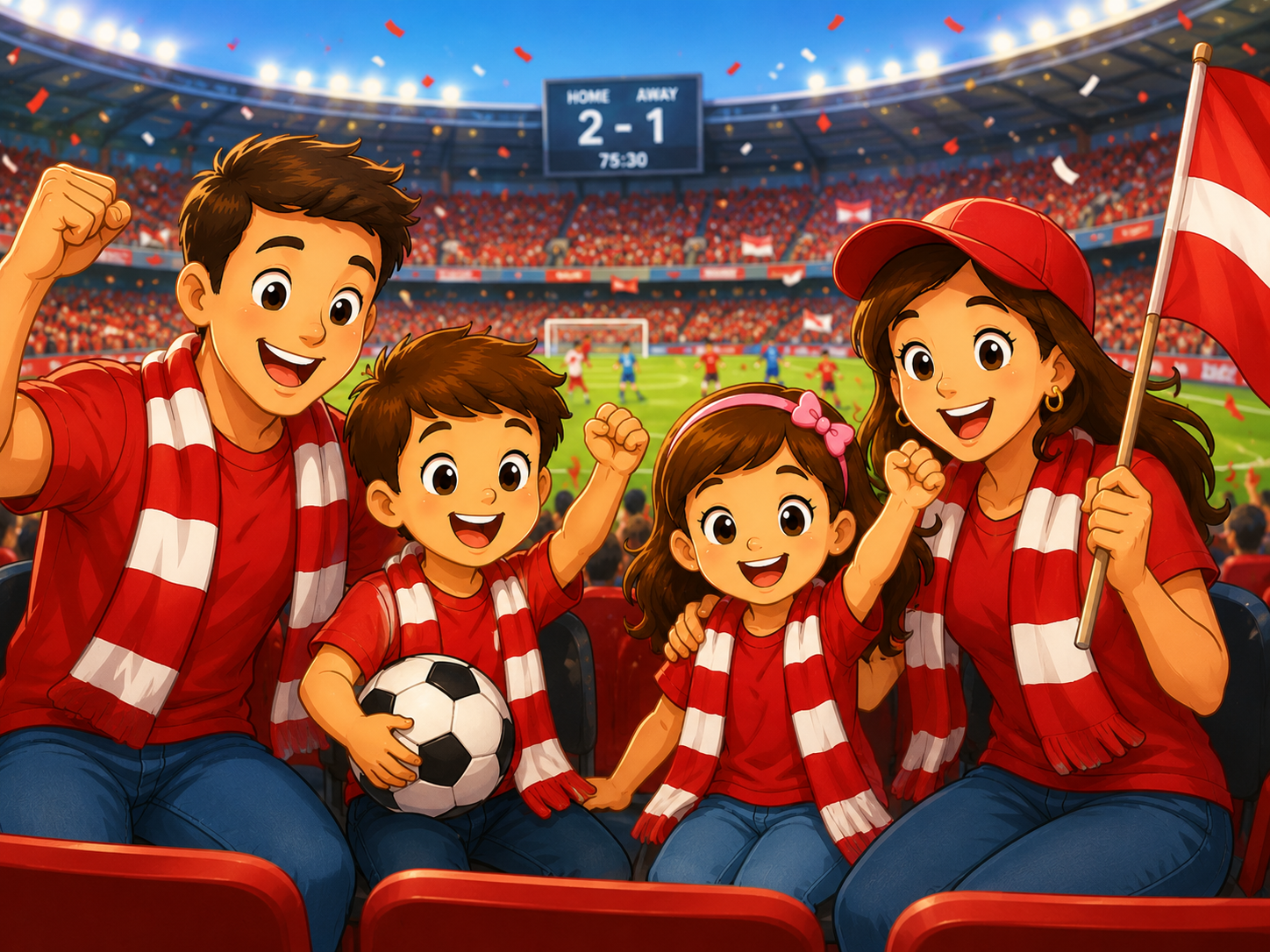 Excited children at a sports stadium watching a live game with colorful flags and cheering crowds
