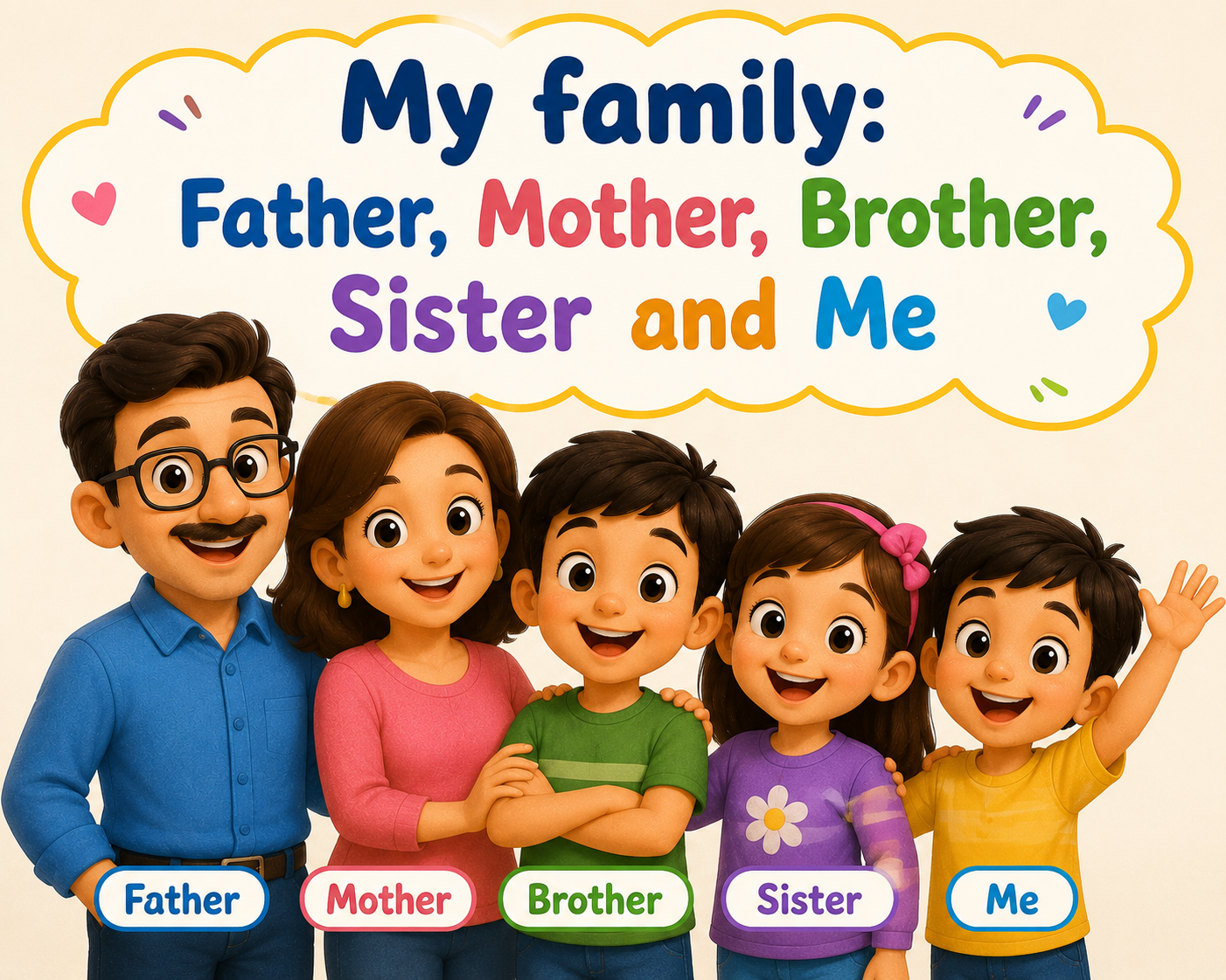Family members song card showing mum dad and children