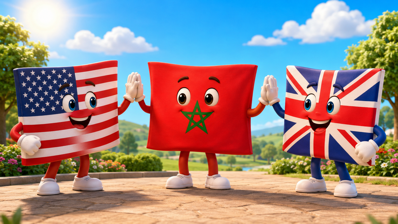 Cartoon characters holding Moroccan, US, and UK flags representing the countries served