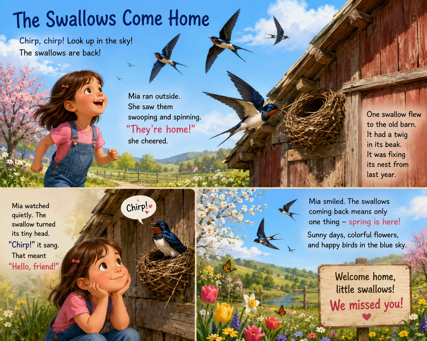 The Swallows Come Home story illustration showing swallows flying back to their nest in spring